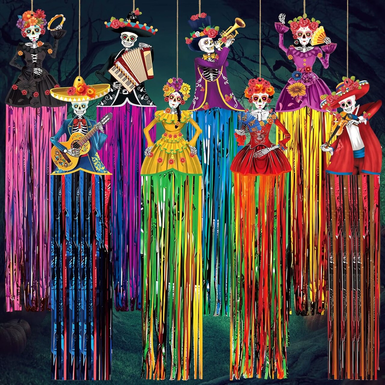 Day of the Dead Sugar Skull Hanging Decorations – 8PCS Dia de los Muertos Party Decor with Tassels, Mexican Skeleton Hanging Banners for Halloween, Día de los Muertos Festival, Indoor & Outdoor Fiesta Decorations